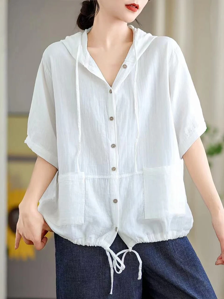 Max LuLu 2024 Summer Korean Ladies Casual Blouses Loose Linen Tops Womens Classic Hooded Shirts Vintage Solid Fashion Clothing