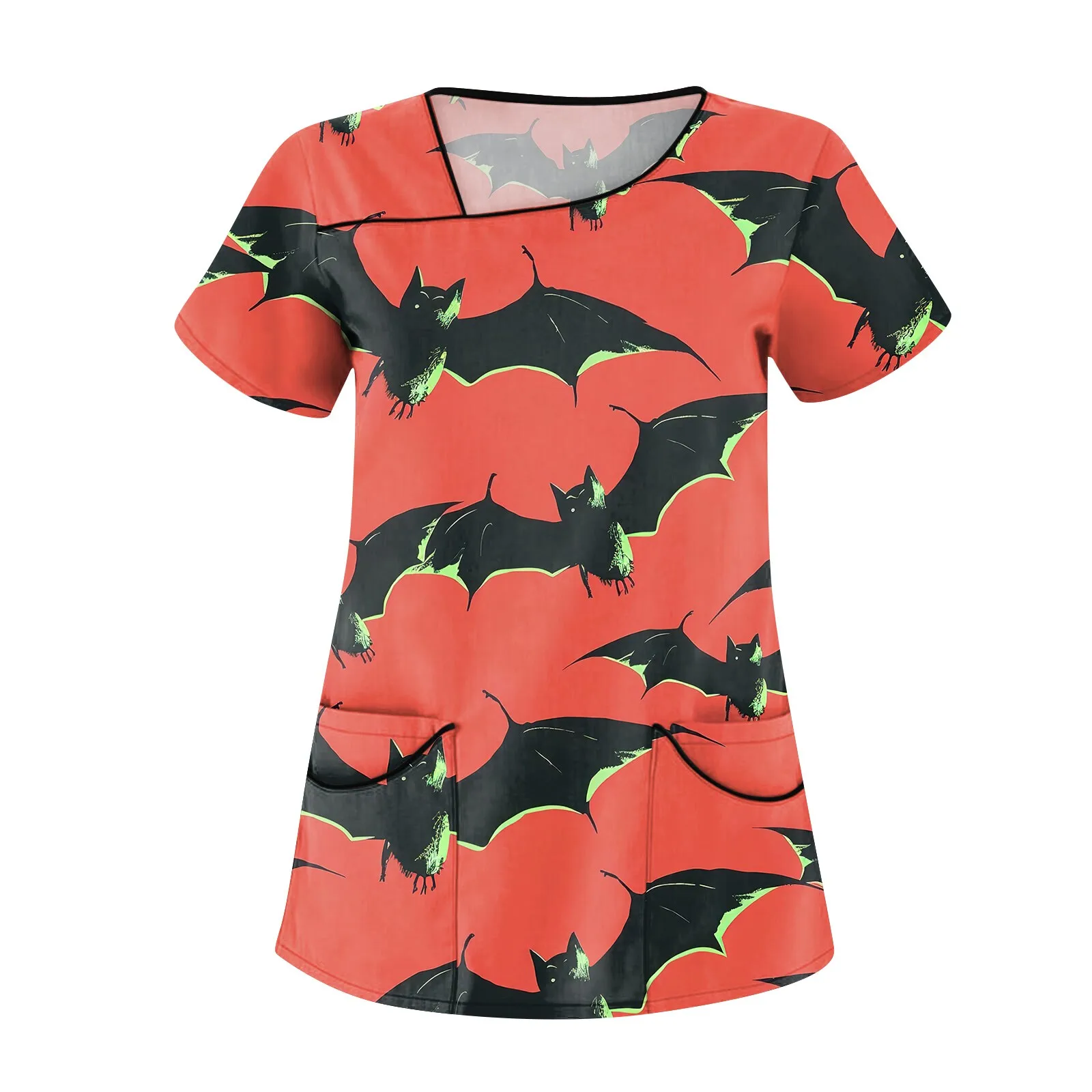 

Women T-Shirts Halloween Print Nurse Uniform Short Sleeve Scrub Uniform V-Neck Blouse Tops Pocket Carers Workwear Medical Tunic