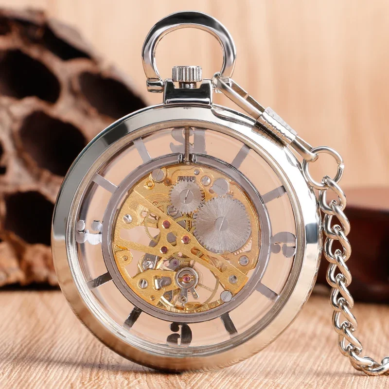 Transparent Hollow Hand Wind Mechanical Pocket Watch Men Women Open Face Vintage Steampunk Skeleton Clock Pendant Chain Gift