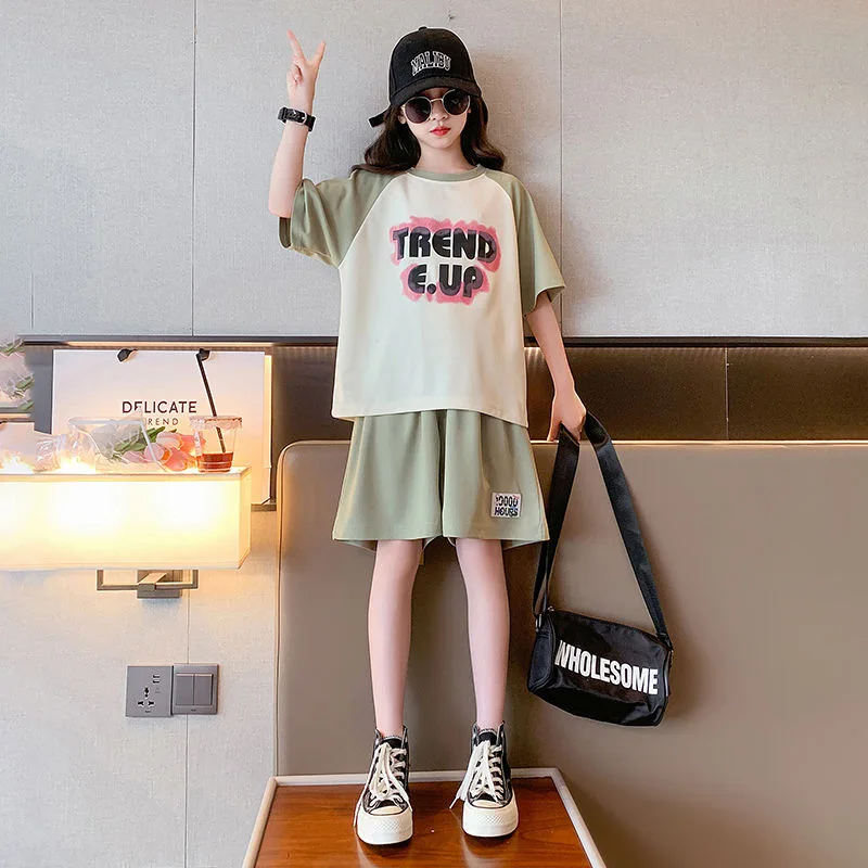 

2025 summer Children set Clothes Girls tracksuit casual letter short sleeve t-shirt + sport pants Kid Teens 4 8 10 11 12 year