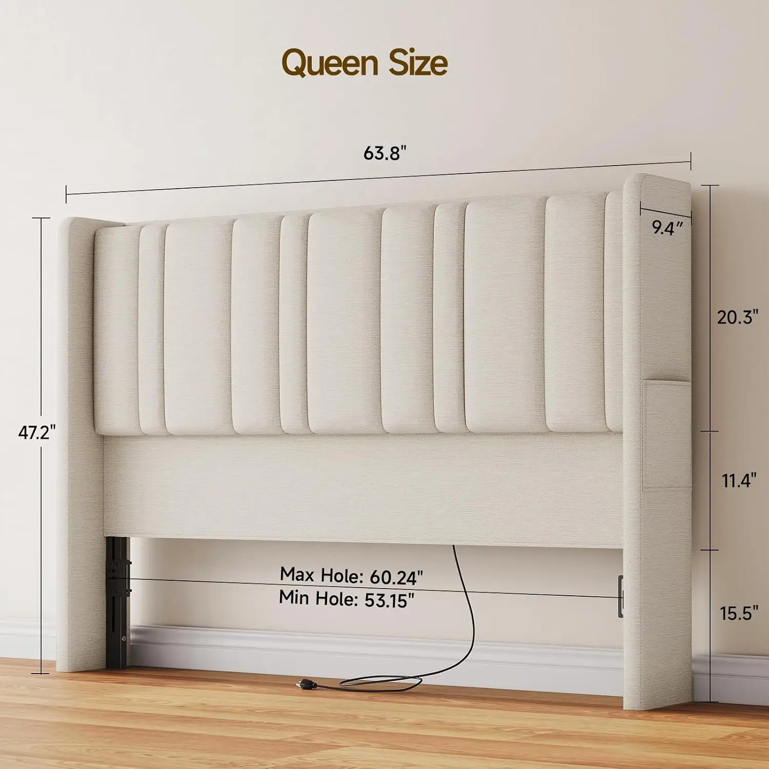 Queen Size Headboard with Storage, LED Light, Off White, Customized