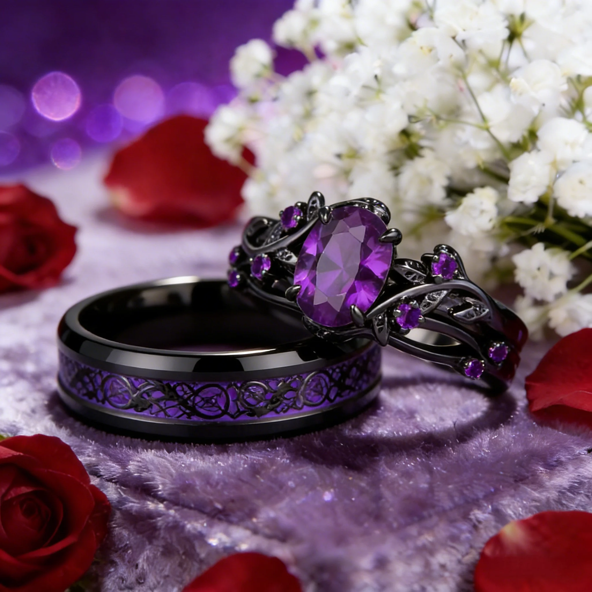 Charm Couple Rings Romantic Women Purple Rhinestones CZ Rings Set Trendy Men Stainless Steel Celtic Dragon Rings Wedding Jewelry