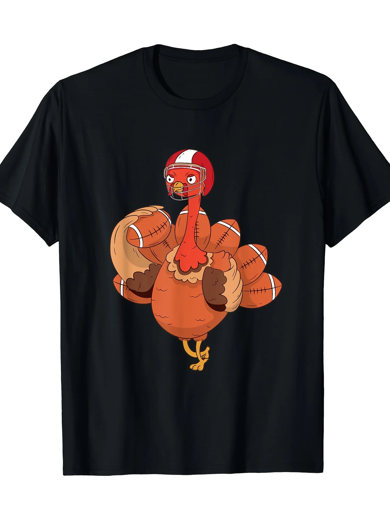 Funny Men's Black Graphic T-Shirt Turkey Football Helmet Sports Ball Cartoon Bird Vintage Print 100% Cotton Heavyweight Short Sleeve Casual Streetwear Tee