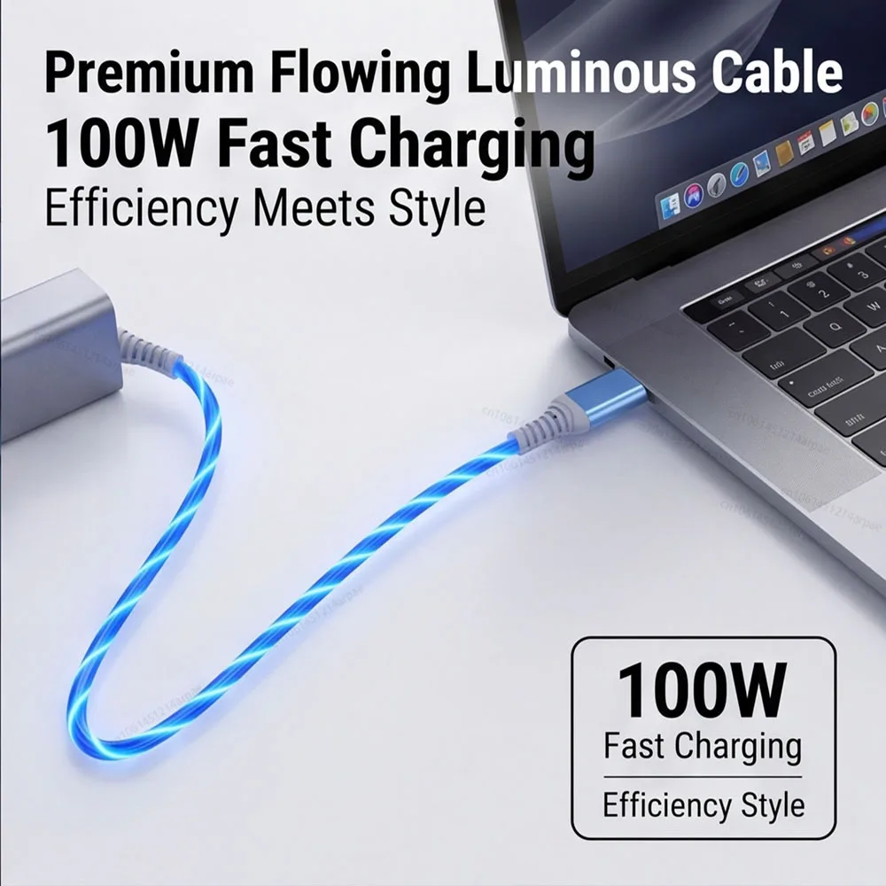 100W Flow Luminous USB Type C Cable 5A Fast Charging Data Cord for Samsung Xiaomi OPPO iPhone Charger Micro USB Wire LED Cable