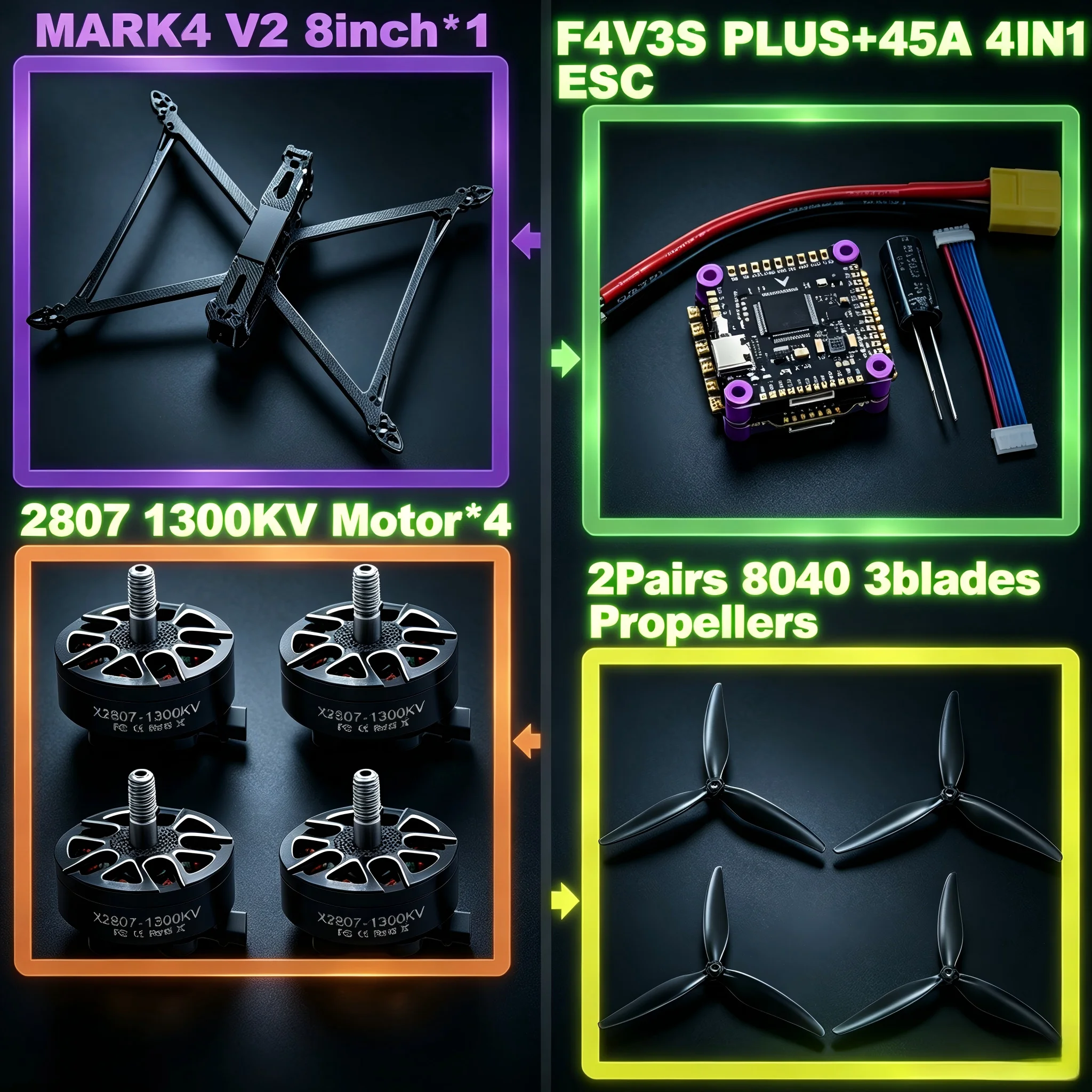 

Полетный контроллер F4V3S/F4V3S PLUS MARK4 V2 8 дюймов 45/60A 4-канальный ESC для FPV-дрона, гоночный квадрокоптер из карбонового волокна для фристайла