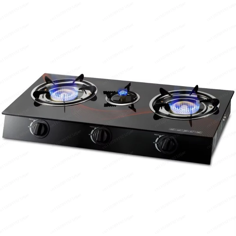 Cross-Border Desktop Flameout Protection Glass Swirl-Fire Powerful Three-Burner Gas Stove, Touch Control, Electronic Ignition