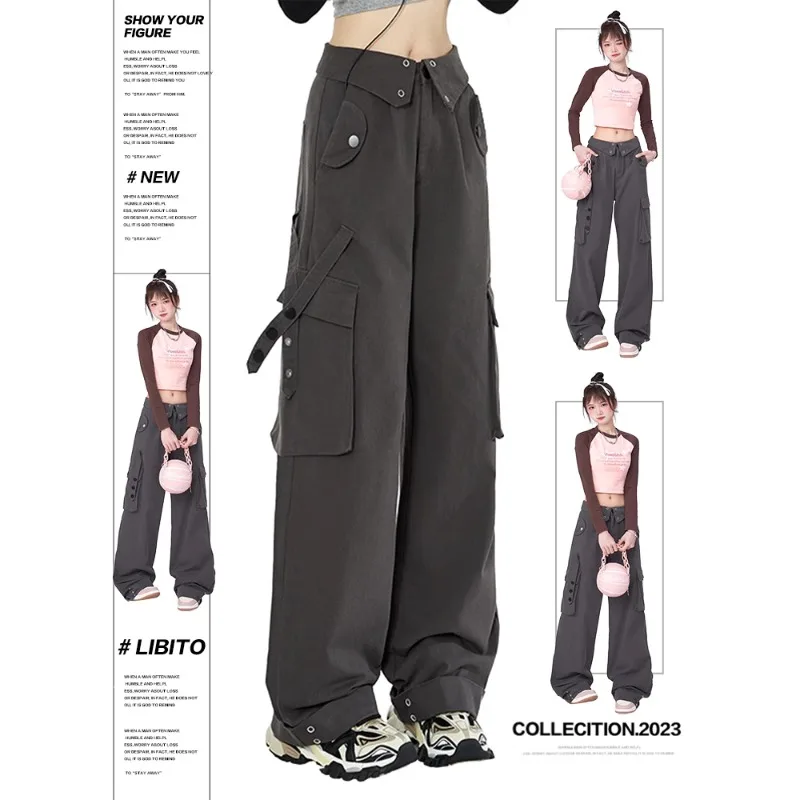 

New American style high waisted workwear pants for spring and summer, women's simple casual wide leg pants