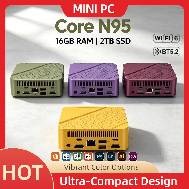 Intel Core N95 High Speed Mini PC 16GB RAM 2TB SSD Triple 4K Monitor WiFi6 BT5.2 Silent Cooling Office Home Small Gaming