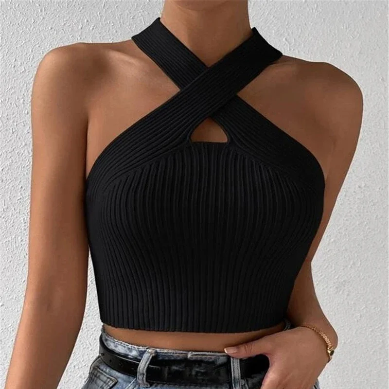 

Women 2025 Summer Knit Cross Neck Crop Tops Sexy Slim Solid Backless Sleeveless Tank Tops Elastic Rib Design Underwear Camisoles