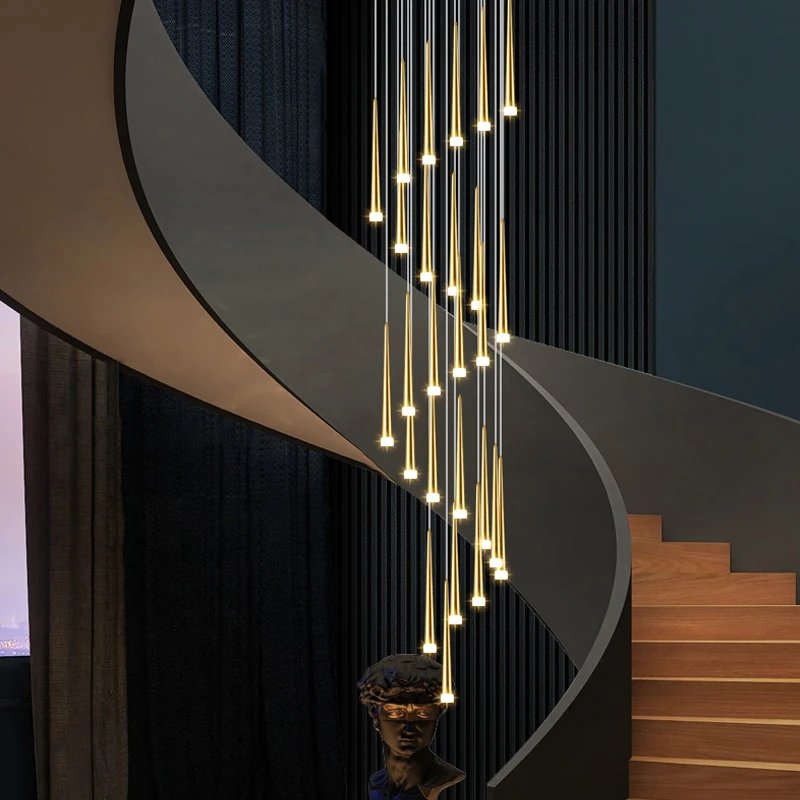 Golden Tapered Chandelier LED Modern Living Room Lamp Indoor Lighting Kitchen Lamp Hall High Building Staircase Chandelier