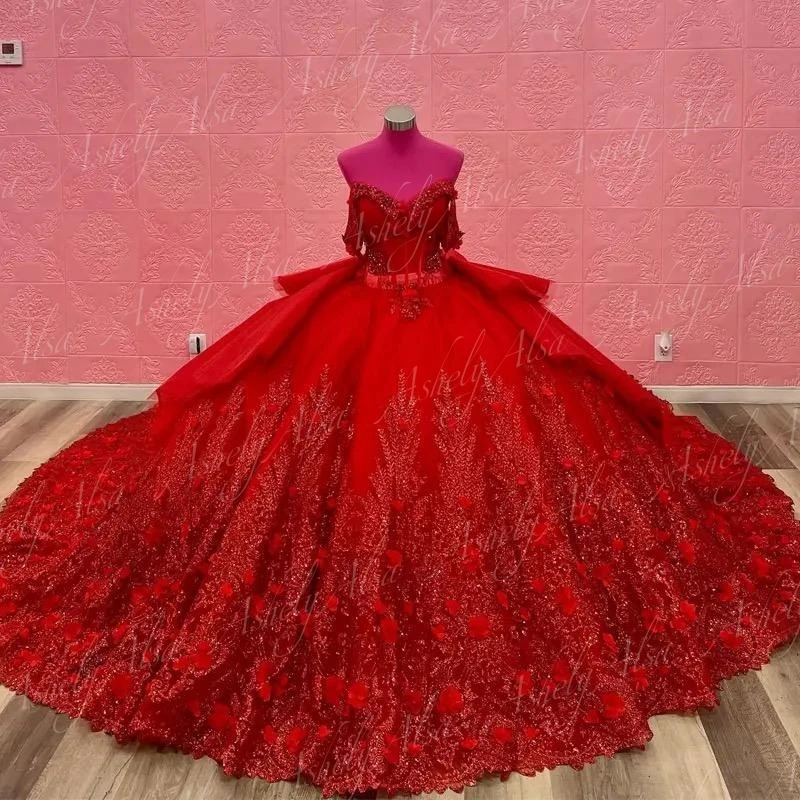 Великолепные роскошные красные платья Quinceanera по индивидуальному заказу, бальные платья с открытыми плечами и цветочным шлейфом, милое платье для выпускного вечера для девочек 16 лет 15