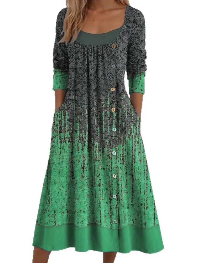 

Woman's Vintage Color Blocked Midi Dress Spring Fashion Button Design U-neck Long Sleeves Dresses Ladies Autumn A-line Vestidos