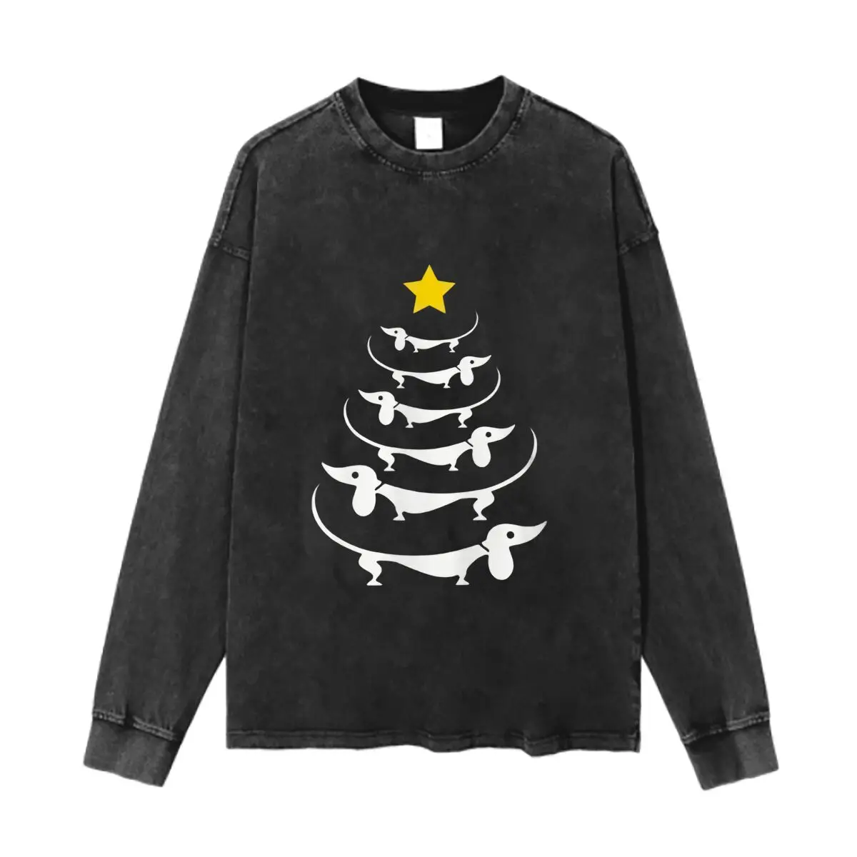 Dachshund Christmas Tree Art Washed Vintage Long Sleeves Cotton Tee Shirt Solid O Collared For Men's And Women's