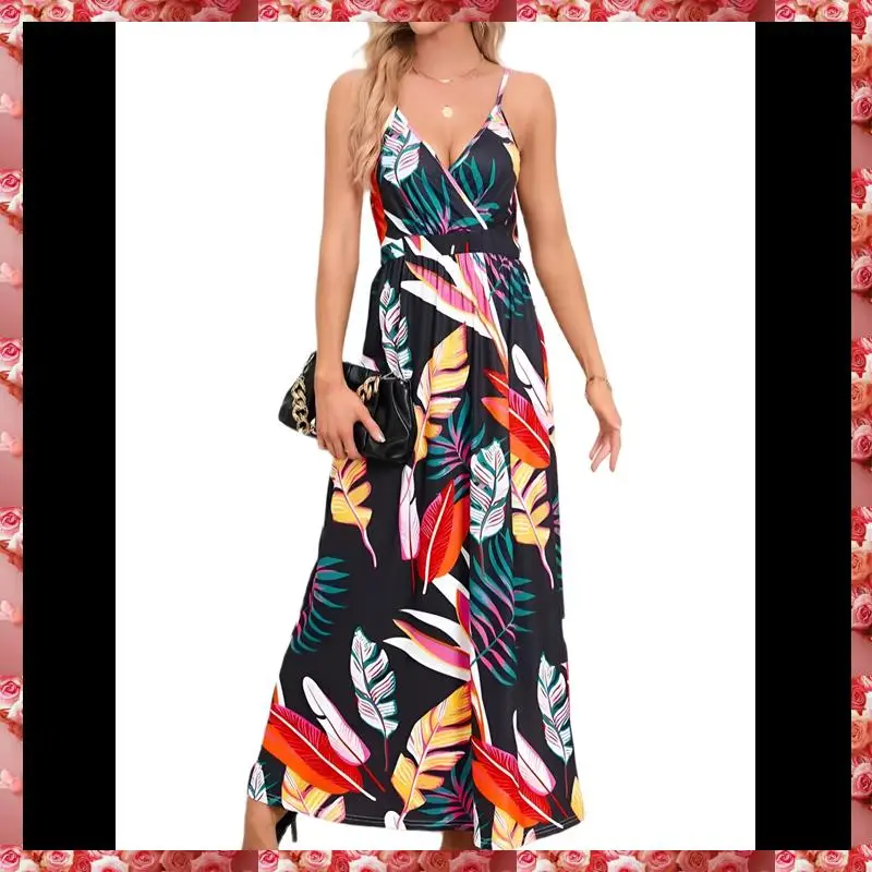 Women's 2025 Summer Maxi Dress Floral Tie Front Spaghetti Strap Casual Boho Beach Flowy Sundress