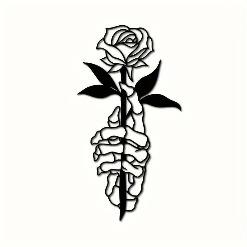 Skeleton Hands Holding Flowers Deer Skull Metal Wall Decor Black Iron Art Wall Hanging Ornament For Home Wall Decoration