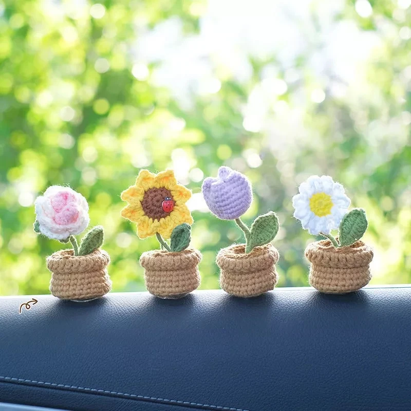 

Flower Tuilp Daisy Artificial Flowers Hand-knitted Flower Homemade Crochet Knitted Flower Car Home Desktop Decorationn