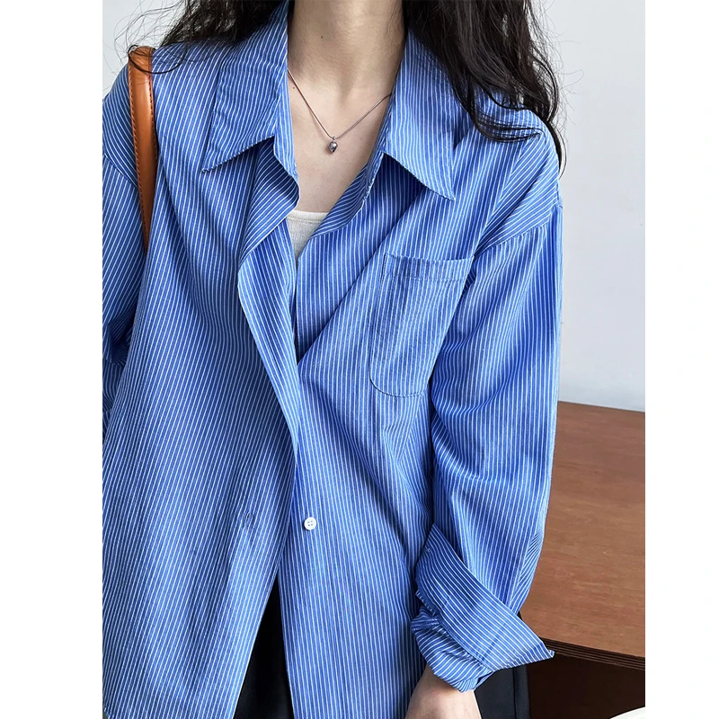 2024 Women Spring Blouses Long Sleeve Cotton Womens Striped Blue Tops And Blouses Fashion Shirt Blusas Roupa Feminina