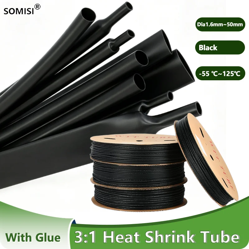 Black Heat Shrink Tube 3:1 Ratio  Lined Polyolefin Sleeve Wire Cable Protector for Wiring Harness Terminals Connectors (1-10m)