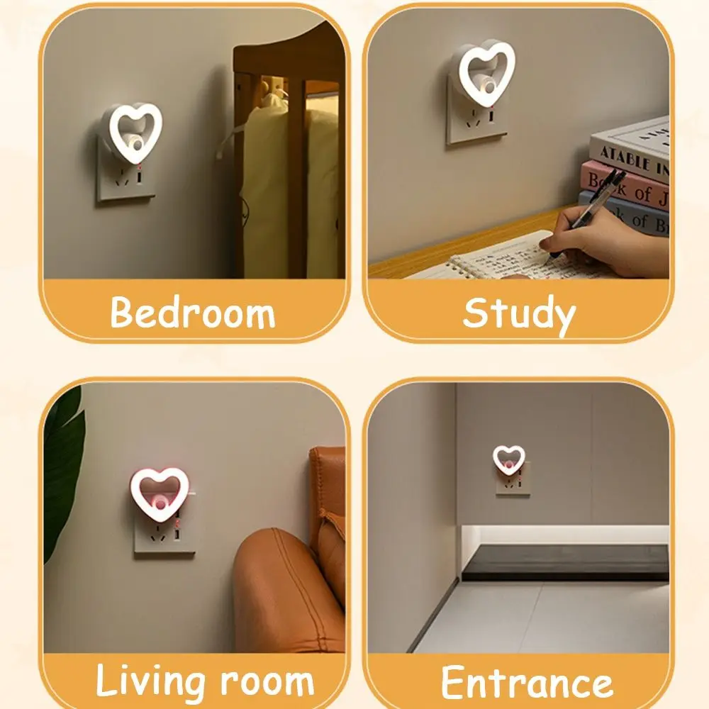 Plug-in Love Night Light 3 Gears Adjustable Eye Protection Cute Bedside Lamp Soft Light Energy Saving Mini Wall Lamp