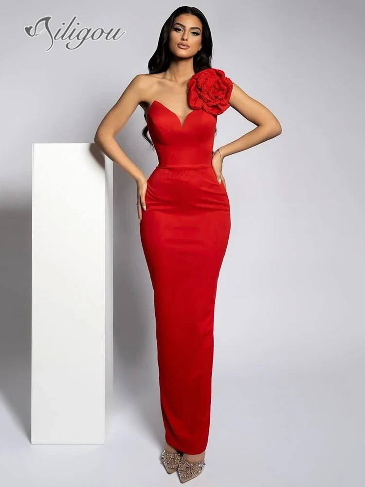 

Ailigou New Women's High Quality Red Shoulder Beaded Flower Sexy V-neck Tight Maxi Dress Elegant Celebrity Party Evening Dress