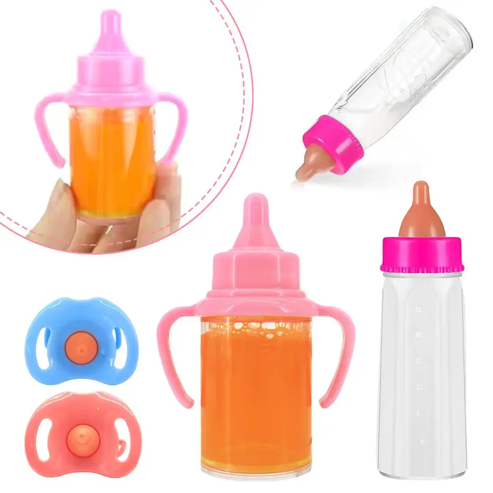 젖꼭지 턱받이 달린 마술 우유 주스 병, 18 인치 인형, 플라스틱 젖꼭지 병, 다시 태어난 장난감