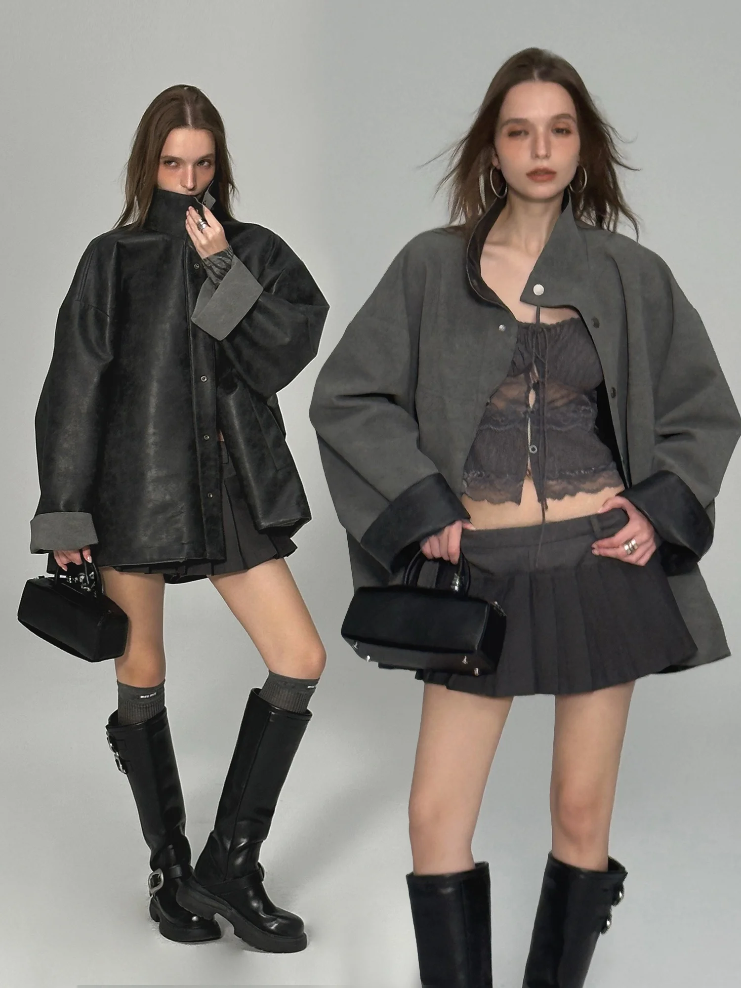 Kas dupla face camurça couro jaet casual comprimento médio gola retro sle feminino faion outerwear casaco