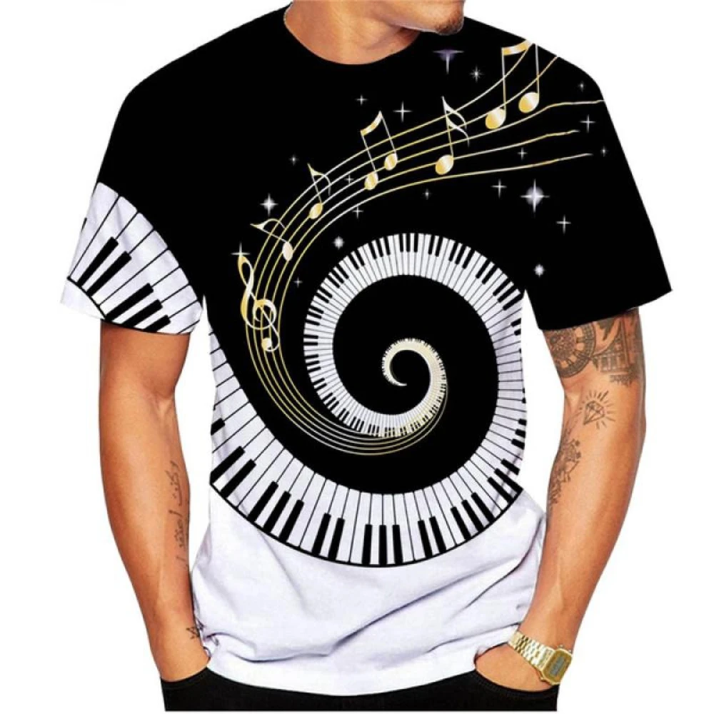 Men\'S Daily Casual T-Shirt 3d Music Notes Printed Men Clothing Retro Short Sleeve Street Designer Tees Top Loose Oversized Shirt