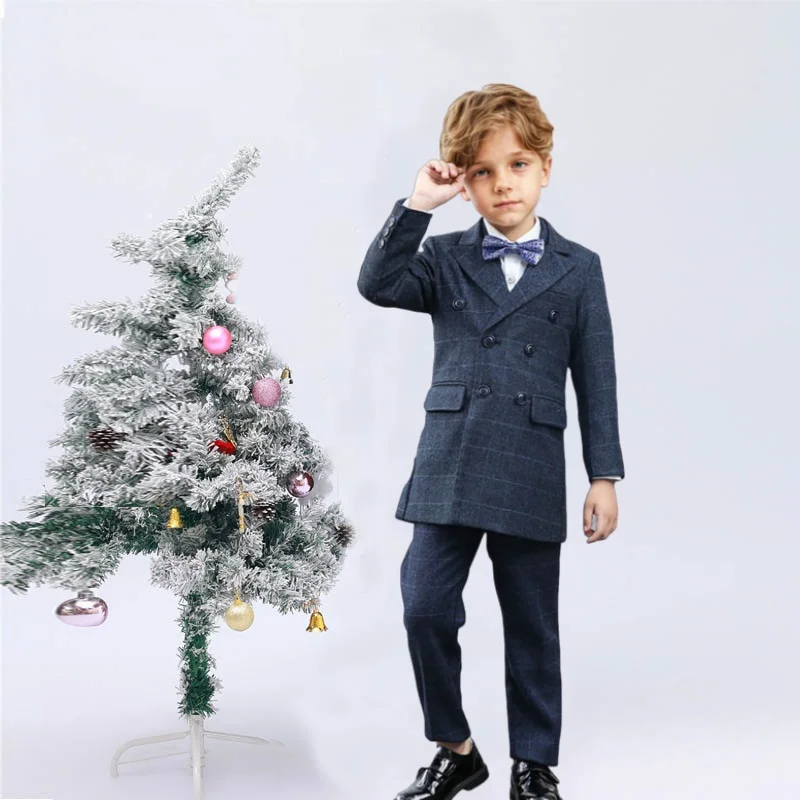 Children Windproof Outdoor Jacket Boys Blue Formal British Style Winter Long Coat Teenager Kids Photography Wedding Coat