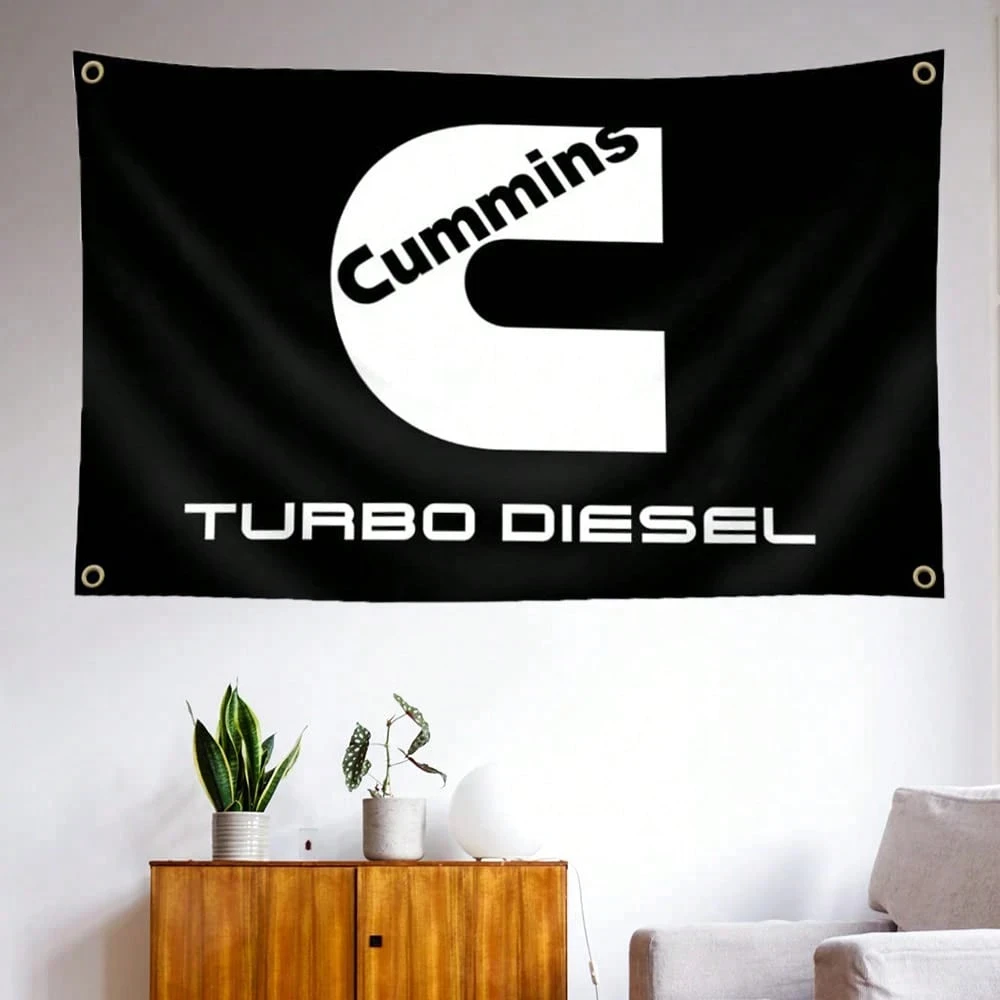 1pc Cummins Turbo Diesel Flag Polyester 2D Flat Wall Hanging for Garage Man Cave Bedroom Truck Enthusiast Decor Gift