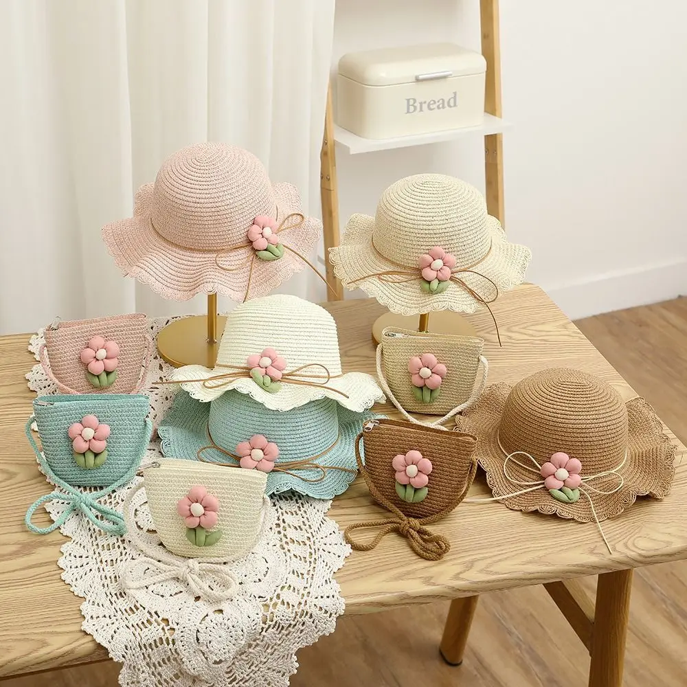 

Fashion Big Brim Kids Straw Cap Bag UV Protection Breathable Beach Cap Flower Sun Hat for Children Girls