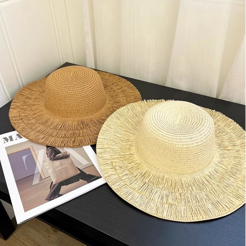 USPOP 2PCS Women Straw Hat and Bag Set Summer Beach Accessories Wide Brim Fringe Sun Hat + Woven Tote for Vacation Outfit Look