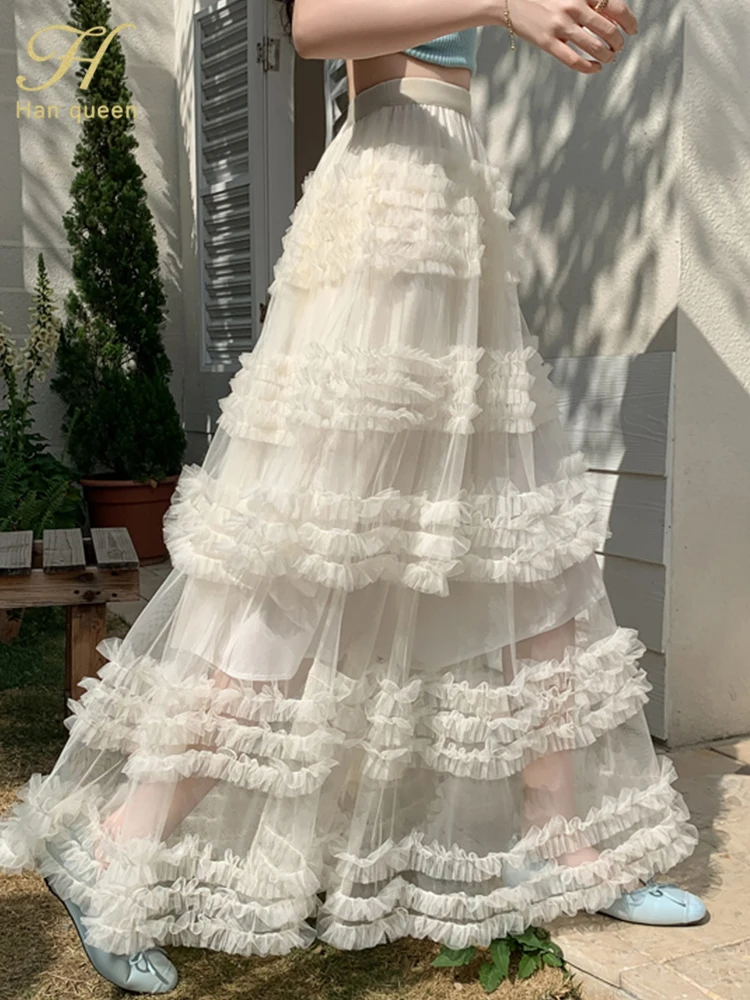 

H Han Queen Women Boho Solid Multilayer Ruffle Mesh Skirt Spring Summer Party Women's Clothing High Waist Long Maxi Tulle Skirt