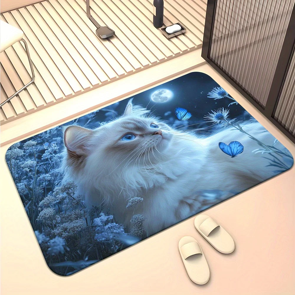 VIKAMA Fluffy Cat Floor Mat Night Moon Blue Butterfly Floral Botanical Pattern Anti‑Slip Washable Doormat Entryway Porch HomeRug