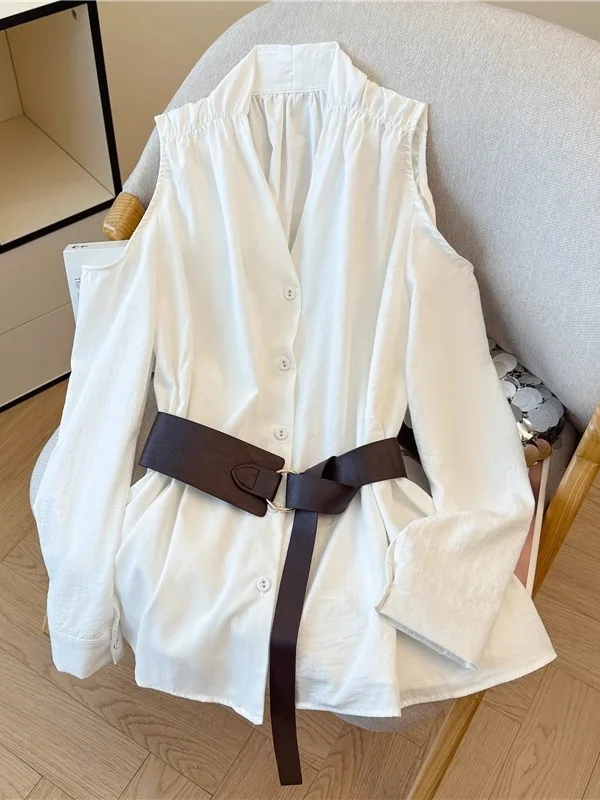 

Elegant V-Neck Long Sleeve Shirt Women's Fashion French Style Tie Waist Miniature Top Shoulder Exposure Autumn New Arrival