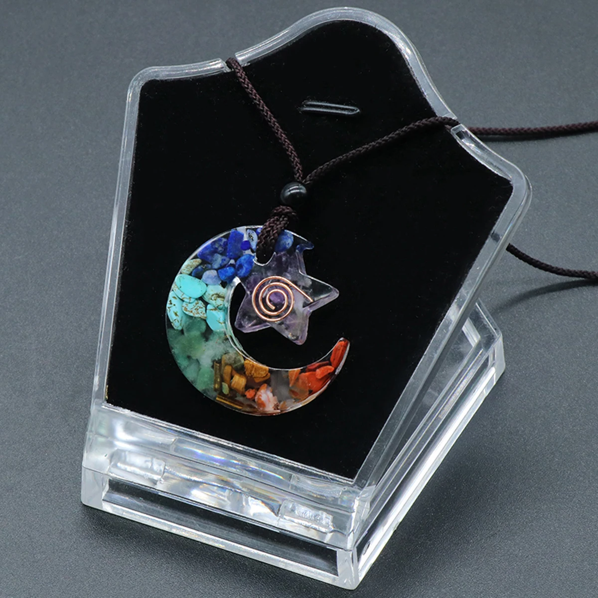 7 Chakra Healing Balance Pendant Necklace Star Moon Resin Crystal Chips Natural Stone Charms Reiki Yoga Jewelry Necklaces Gift