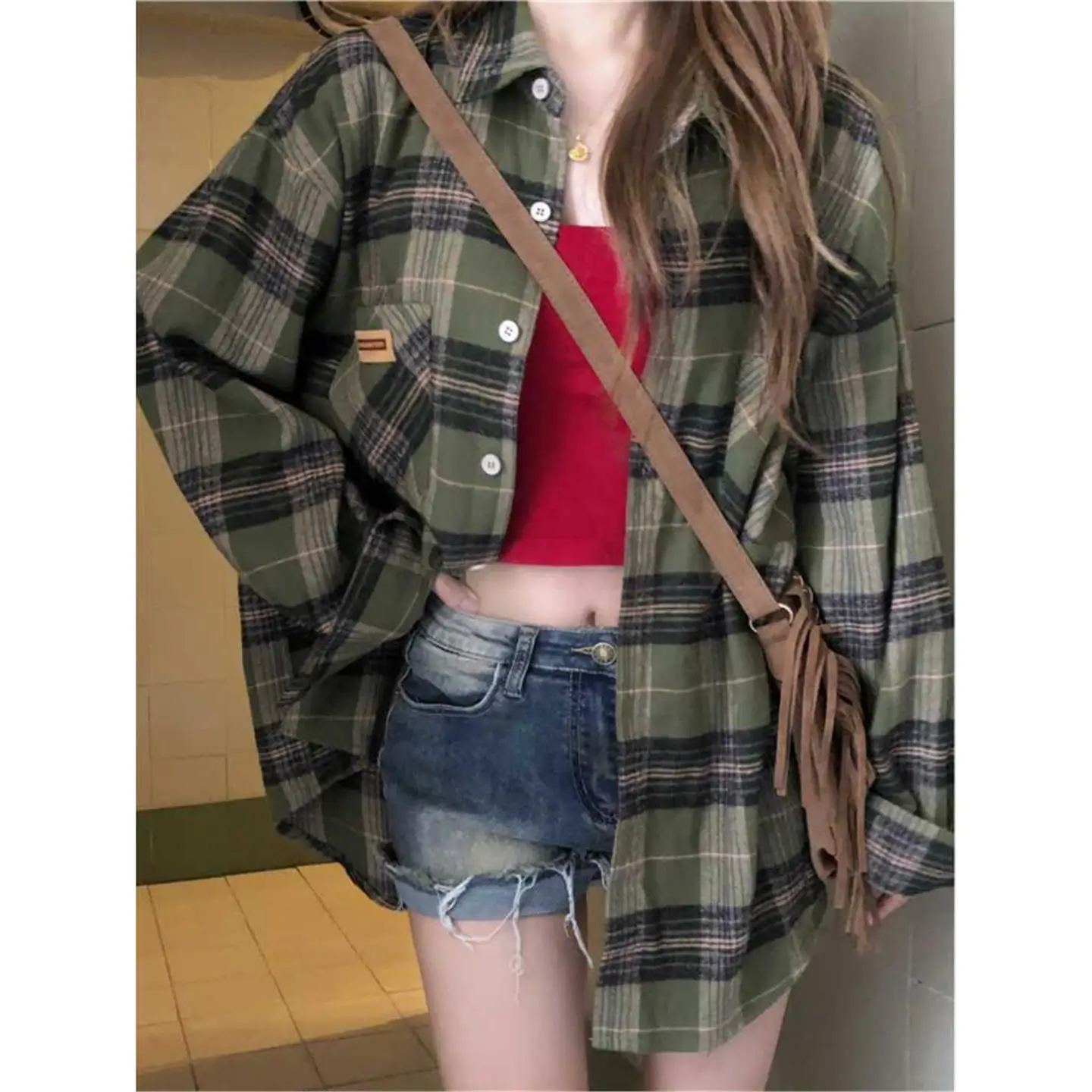 

Women's Chic Long Sleeve Shirt Vintage Plaid Label Brand Commute Style Spring Autumn Top UV Protection Collar Regular Le...