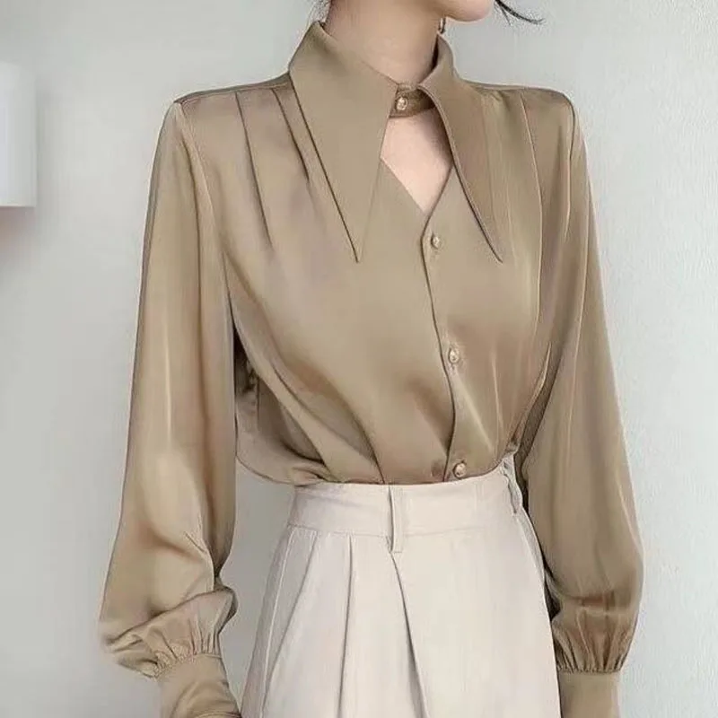 Fashion Chic Turn-down Collar Long Sleeve Blouse Female Clothing 2023 Spring New Korean Solid Color Elegant OL Button Shirts