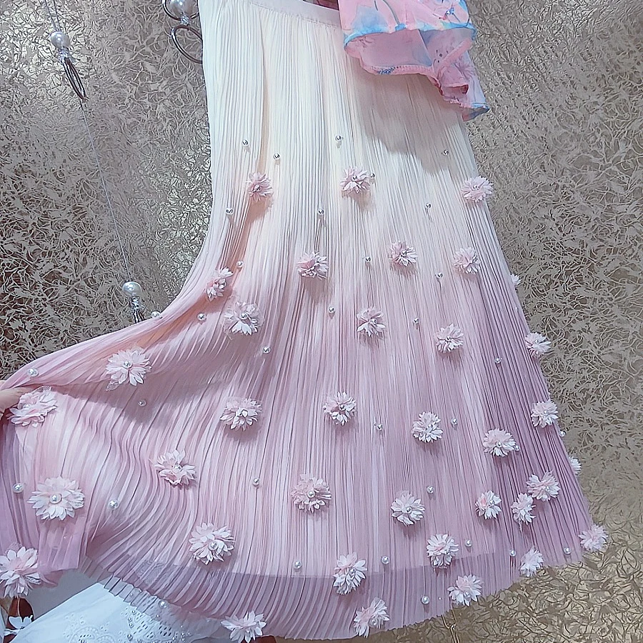 

Fantasy Gradient Pink 3D Petal Flowers Mesh Spliced Large A-Line Swing Pleated Skirt Floral Ruched Glossy Pearls Skirts Faldas