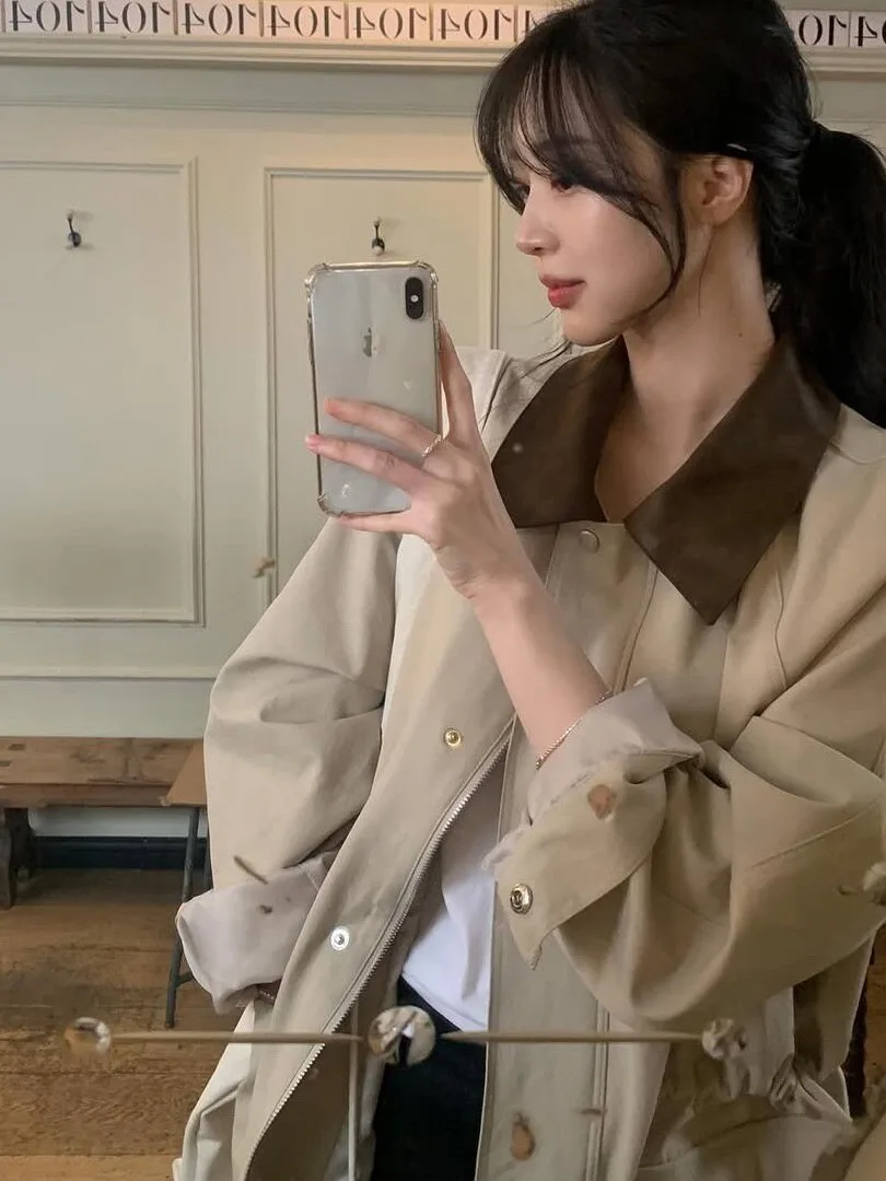 Retro American Spliced Color Coat Women's Autumn Korean Style Drawstring Waist Slimming Jacket Top Zipper Sleeve Regular Length