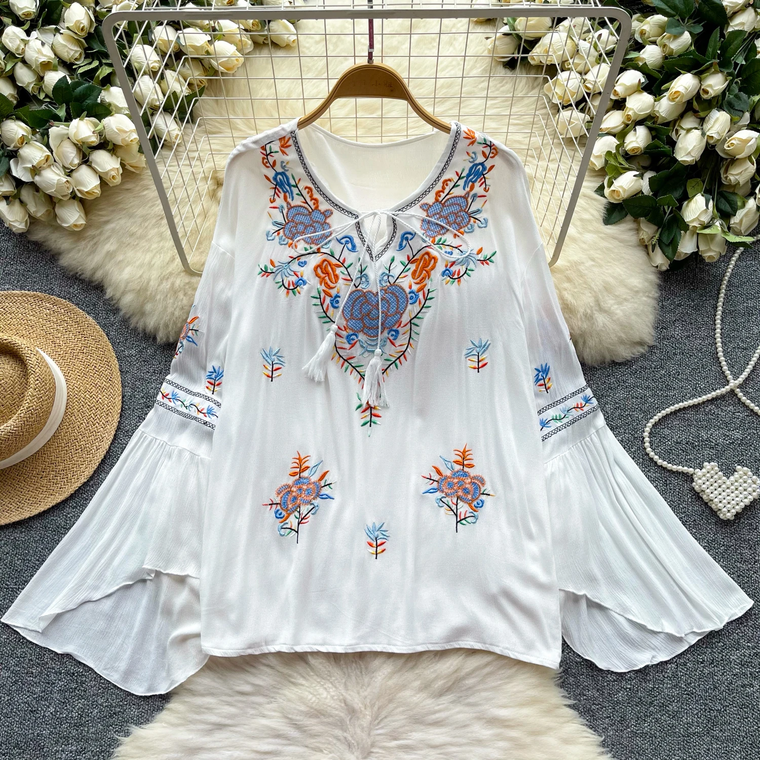 Vintage Elegant Embroidery loose lantern sleeve Blouse Fashion Shirt  Casual Chic Top Fairy  Summer tassels Women