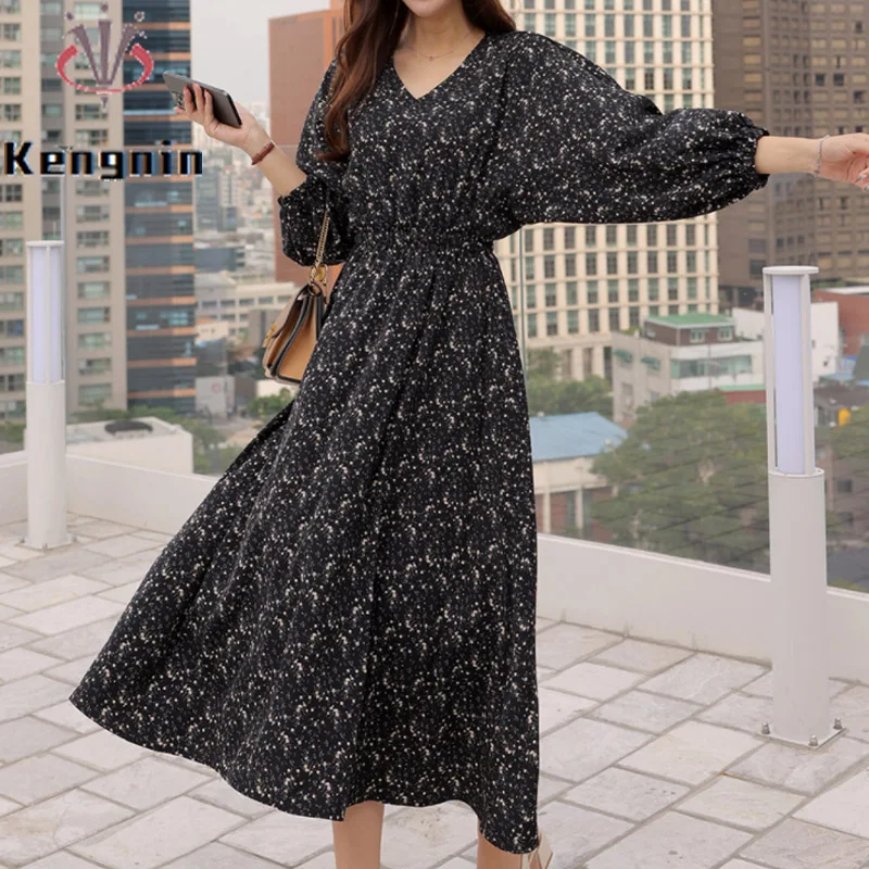 Print Floral Women's Dresses for 2023 Autumn Lady Vestido Plus Size 5XL Loose Tunic Dress Wrist Sleeve Female Robe KE3021