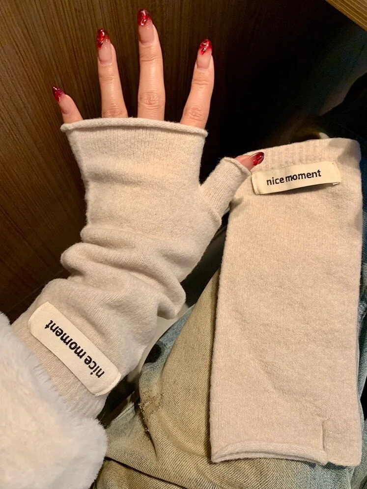 Women Korean Lazy Style Half Finger Gloves, Autumn Winter Warm Knit Dew Finger Writing Gloves, French Style for Students