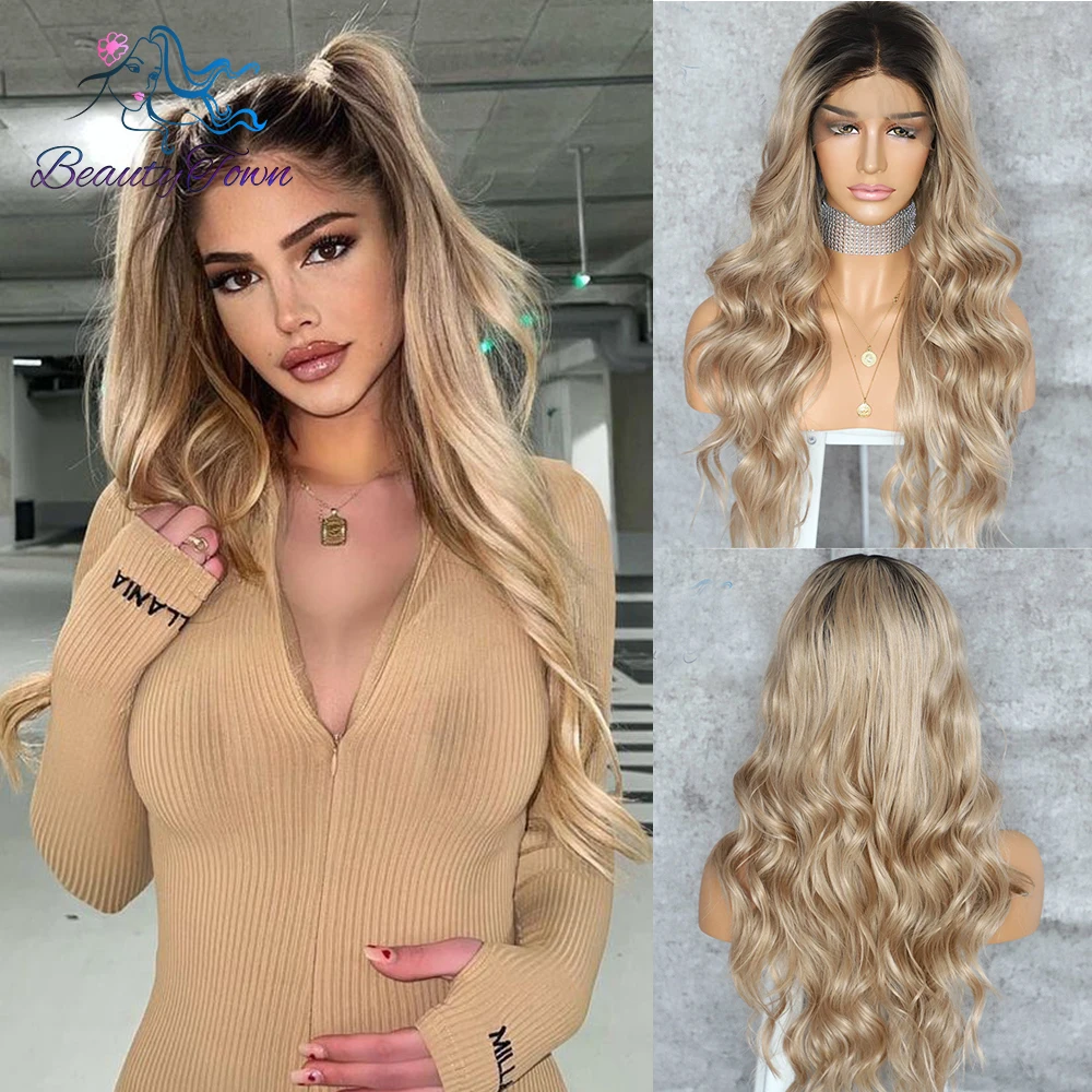 Ash Blonde Synthetic Lace Front Wigs Ombre Brown 613 Blonde Body Wave HD Transparent Lace Wig Daily Party Cosplay Wig For Women