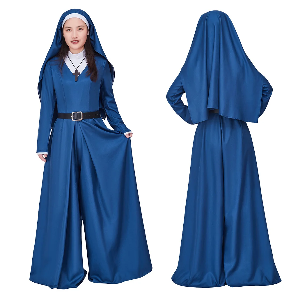 

Mrs. Davis Simone Cosplay Costume Blue Jumpsuit With Hat Full Set Adult Women Mrs. Davis Nun Uniform Halloween Carnival Suit