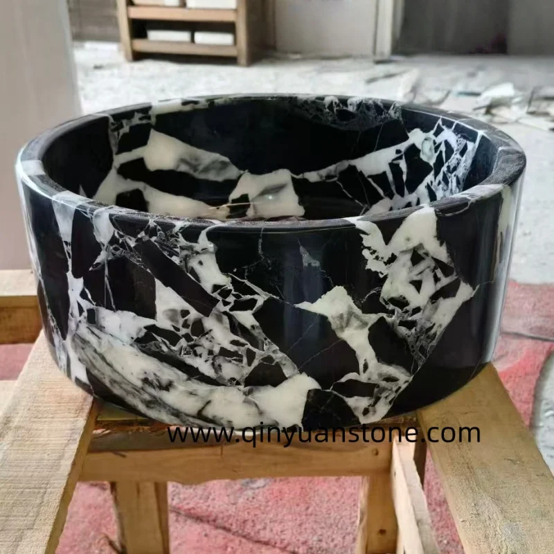 Luxury gravel black and white marble sink custom solid stone countertop wash basin high-end hotel bathroom project