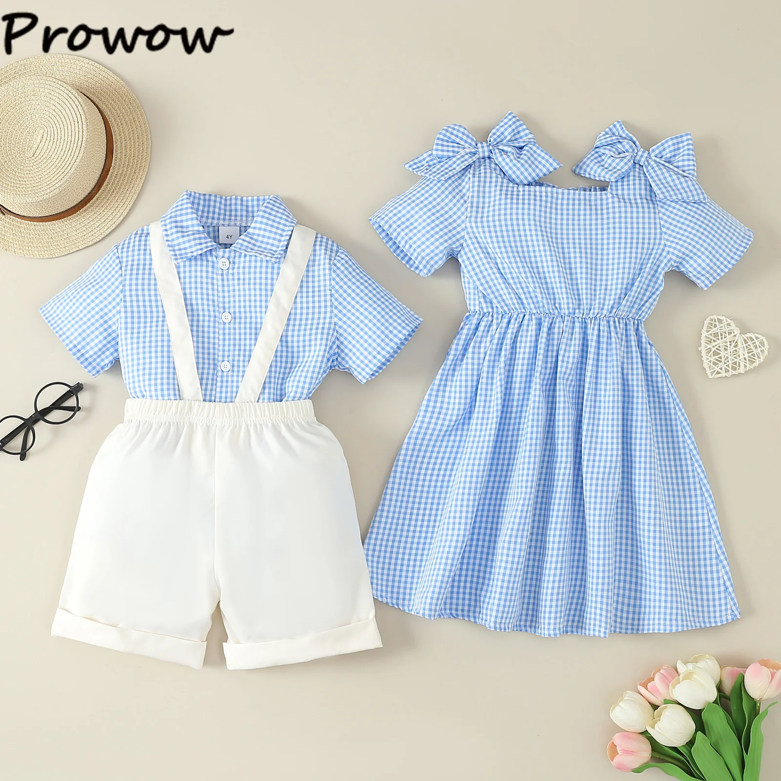 Prowow Summer Brother and Sister Matching Outfits Toddler Boy Gentleman Sets Blue Plaid Smocked Girl Dresses Family Clothes