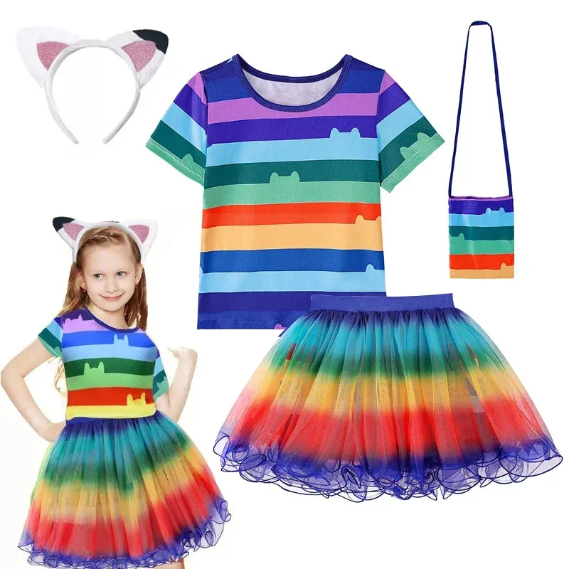 

Children Gabby Dollhouse Cartoon Rainbow T-Shirt Skirt Bag Sets Kids Halloween Gabby Cats Costume Birthday Party Clothes 4-10 Yr