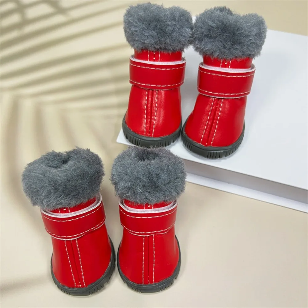 

4PCS Winter Pet Dog Shoes Non Slip Rubber Soles Dog Snow Boots PU Leather Wear-resistant Dog Fleece Shoes Rainy Days