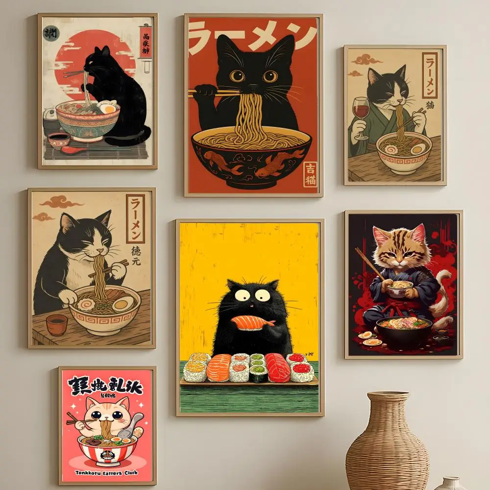 Frameless art theme Black Cat Eat Ramen Poster Versatile HD  Wall Art Self-Adhesive Decor for Any Space Ideal Gift