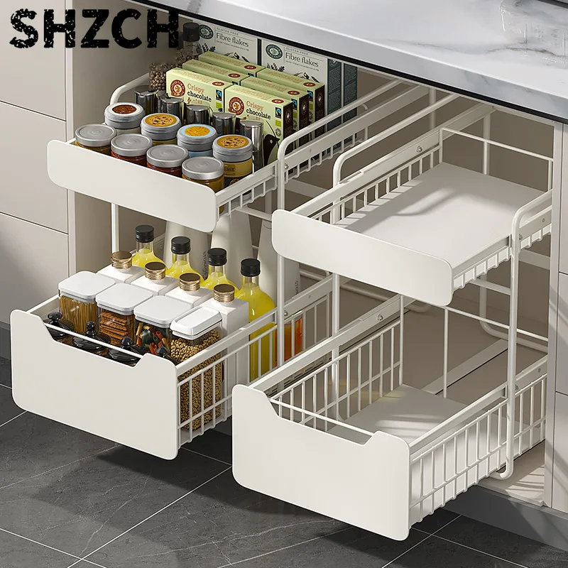 Pull-Out Under Sink Organizer - Multi-Tier Kitchen Cabinet Rack for Spices/Cookware, Durable Sliding Shelves, Space-Saving Stora
